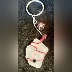 White Seaglass Key Chain Wrapped in Red Wire Beads Cape Breton